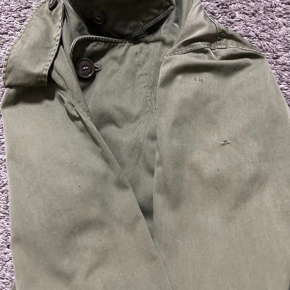 Vintage 60s Military Jacket Army Green Trench Coat Olive Canvas US Army Overcoat